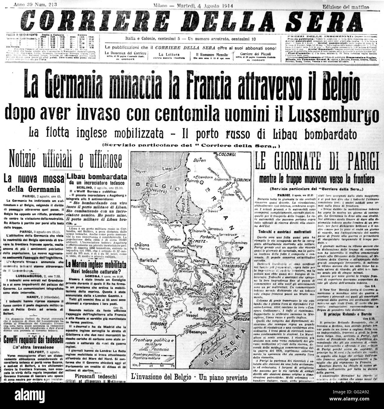 Headline announcing the beginning of the war in the Italian newspaper 'Corriere della Sera' August 4, 1914 Italie - World War I Stock Photo