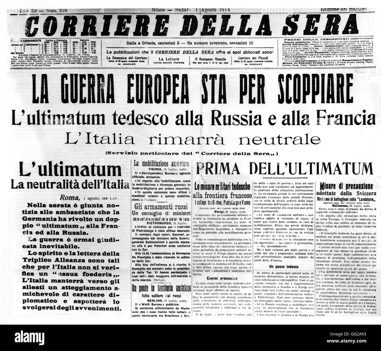 Headline announcing the beginning of the war in the Italian newspaper 'Corriere della Sera' August 1st, 1914 Italie - World War I Stock Photo