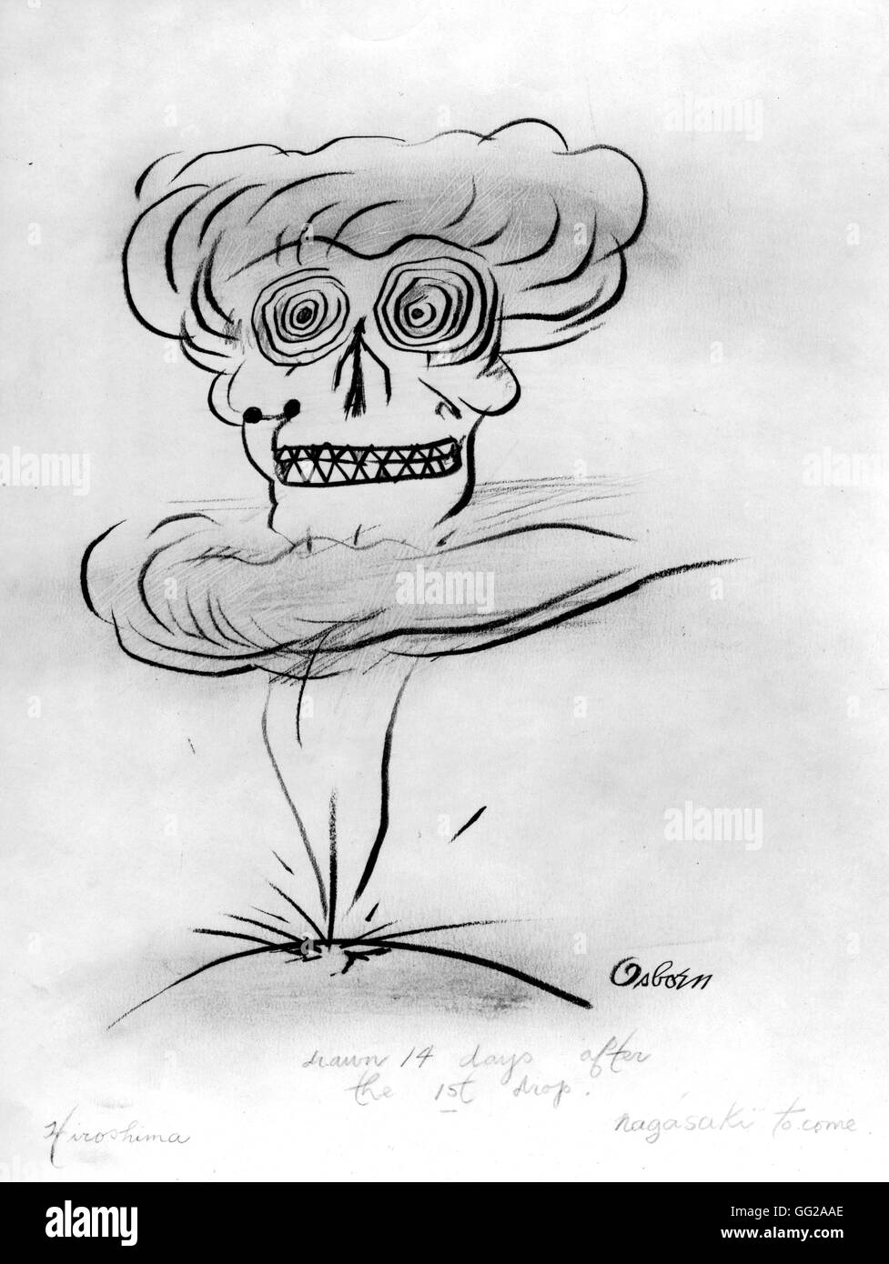 Caricature about the atomic bomb launched on Hiroshima 20th century Japan - World War II Washington. Library of Congress Stock Photo