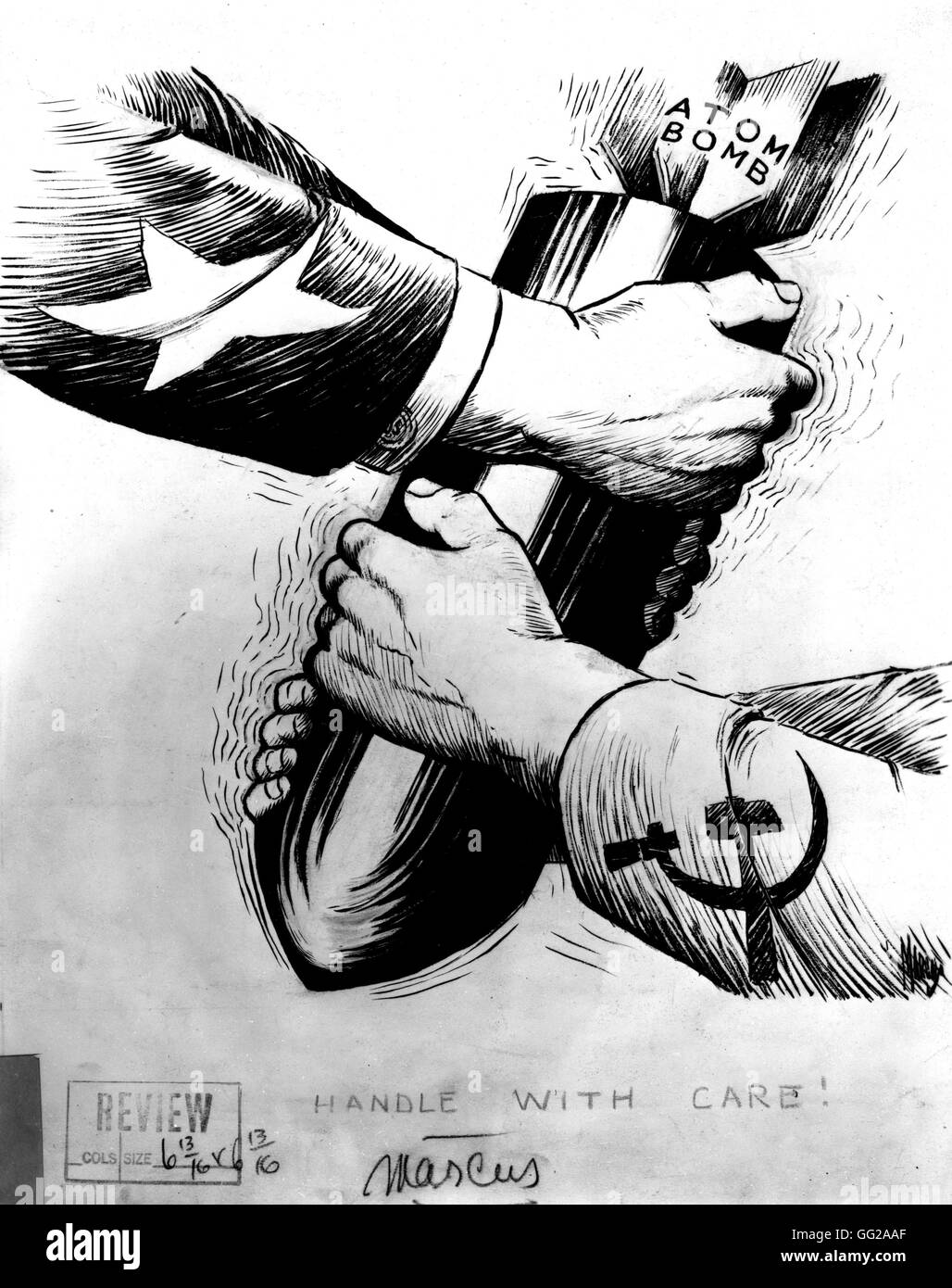 Caricature about the United States and the USSR fighting over the atomic bomb 20th century USA Washington. Library of Congress Stock Photo