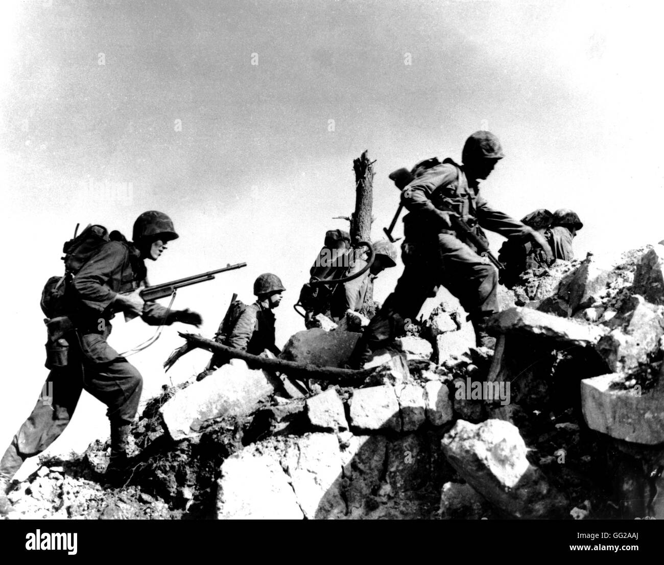The Pacific War: American troops during the attack of Okinawa 1945 Japan- World War II U.S. marines corps photograph Stock Photo
