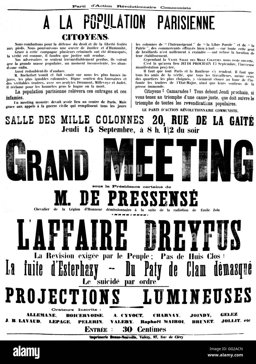 Pro-dreyfusard poster calling for a meeting  19th century France - Dreyfus Affair Paris historical library Stock Photo