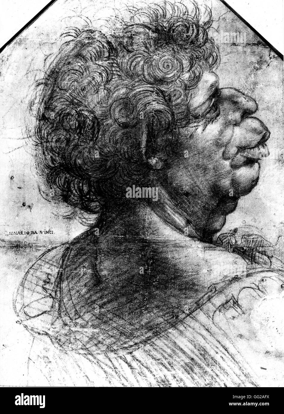 Leonardo da Vinci Italian school A Grotesque Head 1502 Chalk drawing published in 'Sketches and studies of grotesque heads'. The original drawing is located at the Royal Library at Windsor Castle. Oxford, Bodleian Library Stock Photo