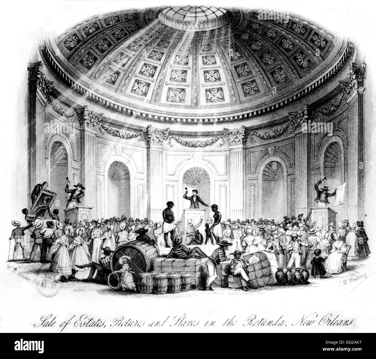 Auctioning of goods, paintings and slaves at the rotunda in New Orleans 1880 United States Paris. National Library Stock Photo