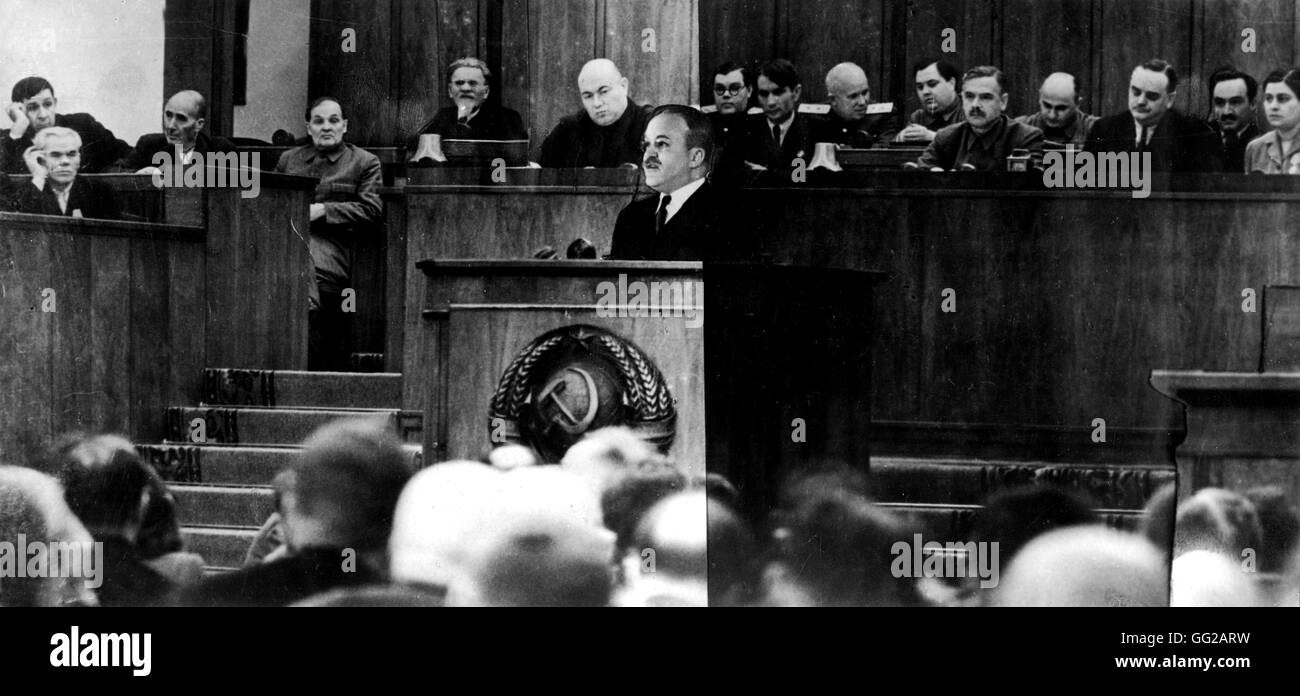 A Supreme Soviet's sitting : Molotov's speech Behind : Khrushchev, Malenkov, Stalin and Mikoyan  February 1944  U.S.S.R. Stock Photo