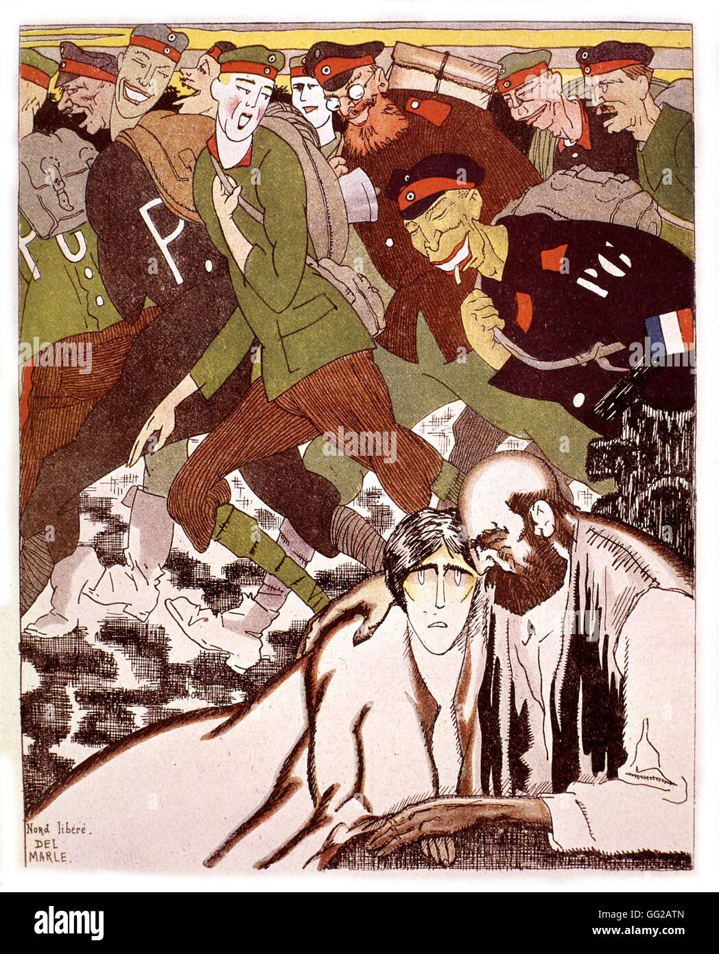 Caricature by Del Marle. German prisoners leaving 1919 France, World War I Stock Photo