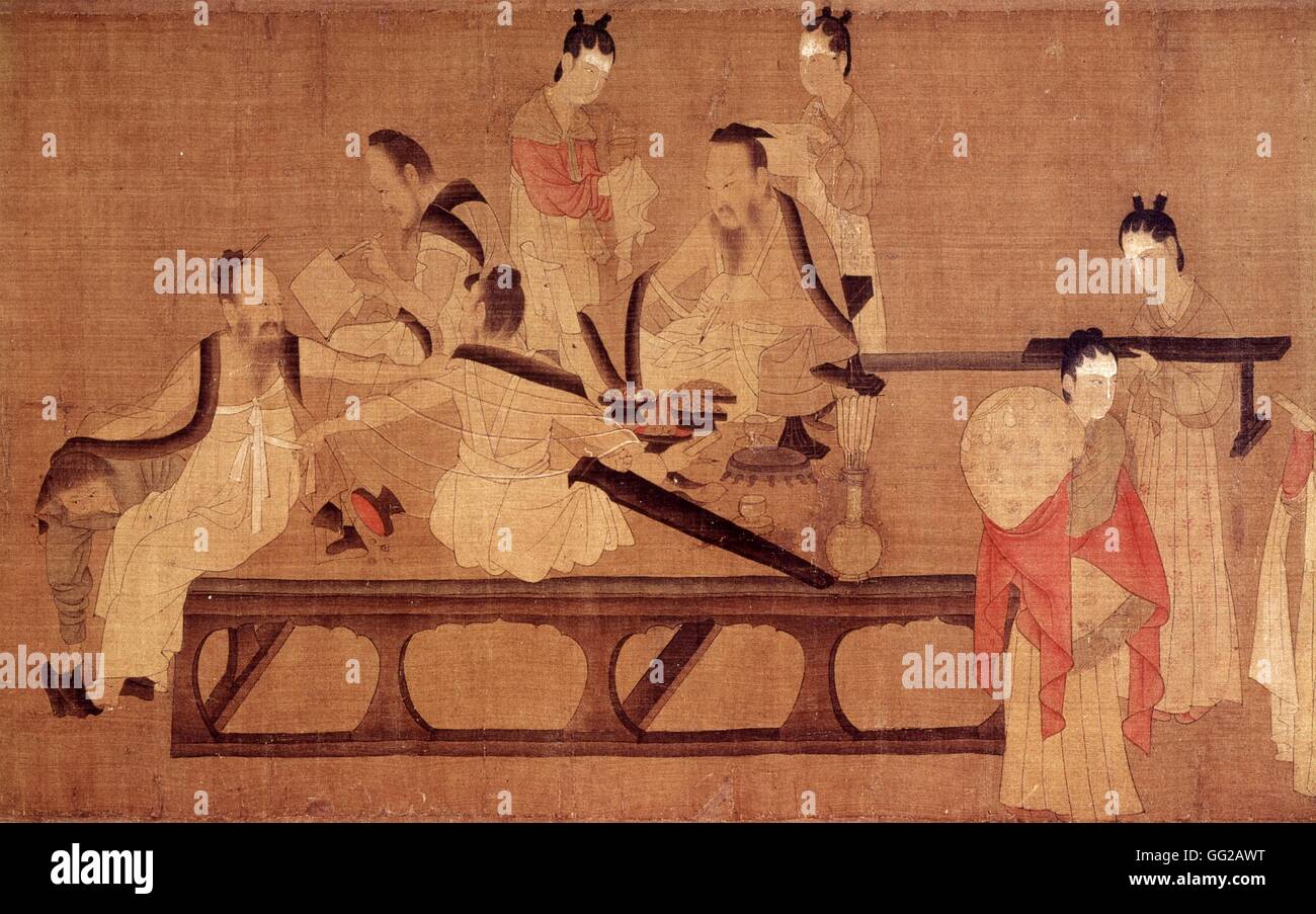 Yen-Li-Pen (673 A.D.) Schoolgirls reading classical texts, detail 7th century China Boston, Museum of Fine Arts Stock Photo