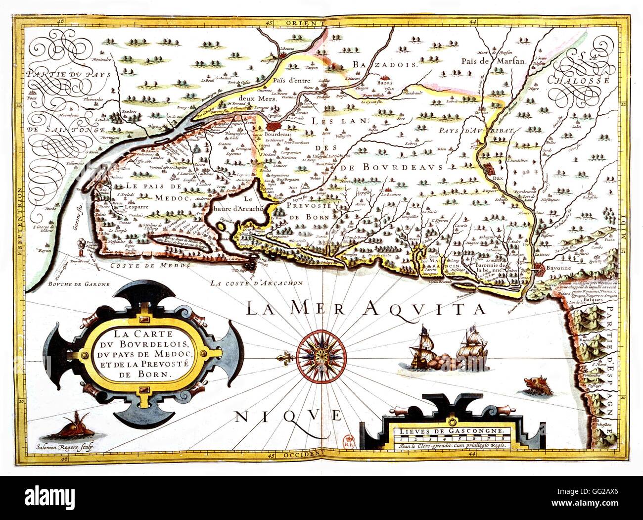 Map of the Bordeaux region, the Médoc area and the Born provostship 1619 Map engraved by Salomon Rogiers Paris, Bibliothèque Nationale de France Stock Photo