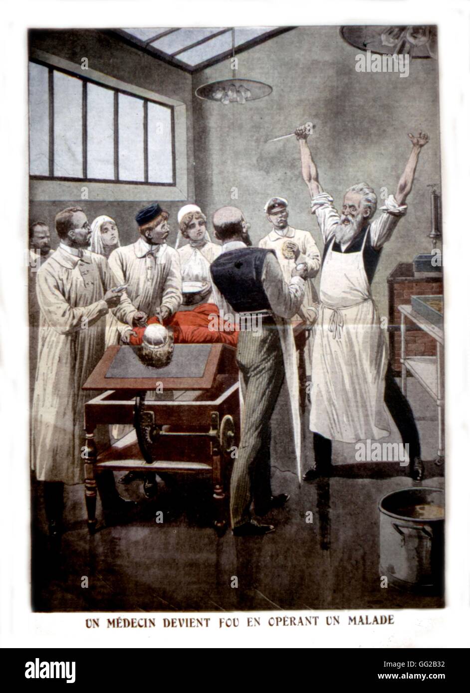 A surgeon getting mad while operating on a patient, in 'Le Petit journal' c.1900 France Stock Photo