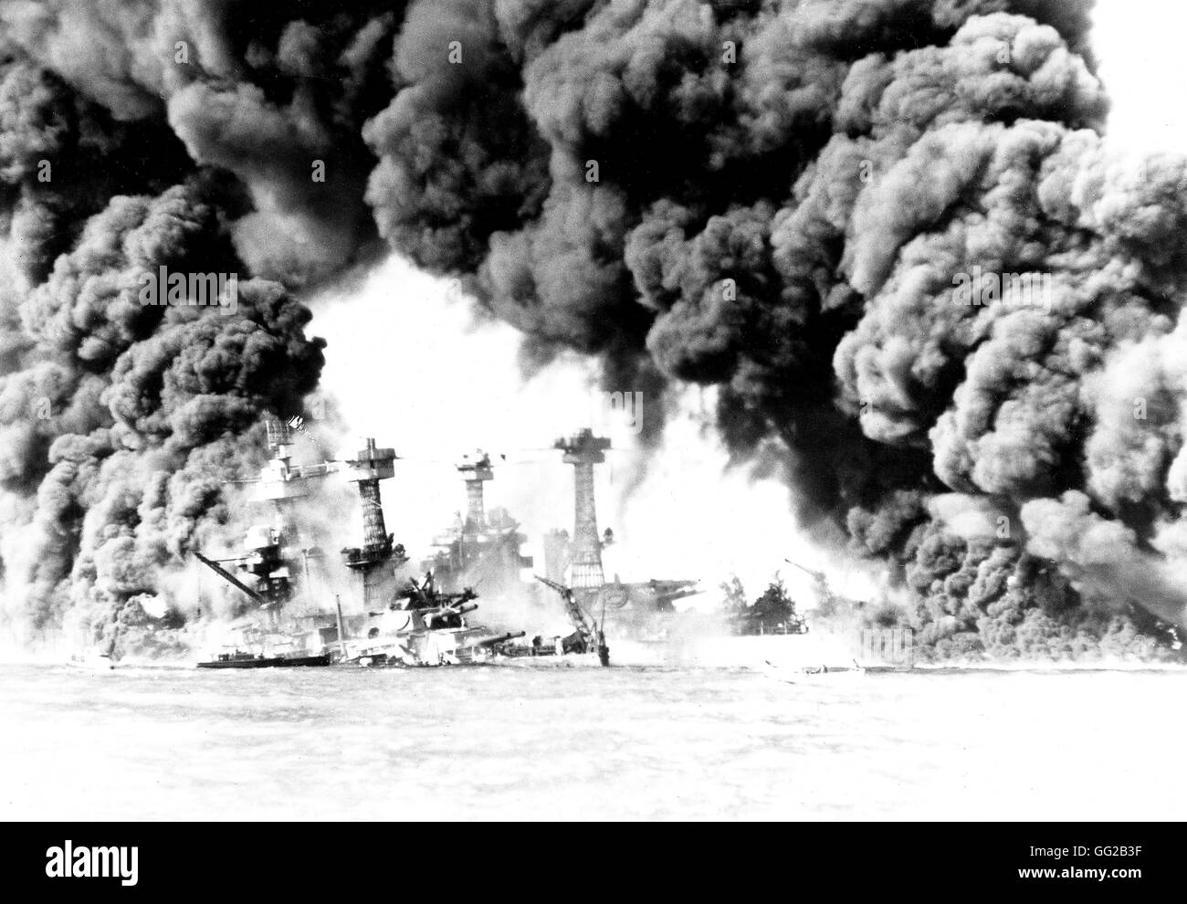 US ships 'Virginia' and 'Tennessee' on fire after the Pearl Harbor attack  December 7, 1941 World War II Washington, National archives Stock Photo