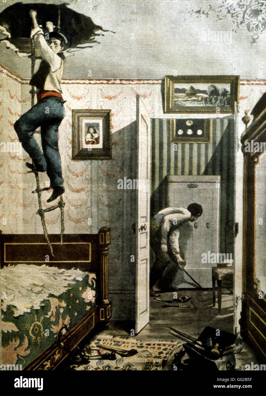 Scene of burglary, in 'Le Petit Journal' newspaper 1901 France Edouard Rousseau Collection Stock Photo