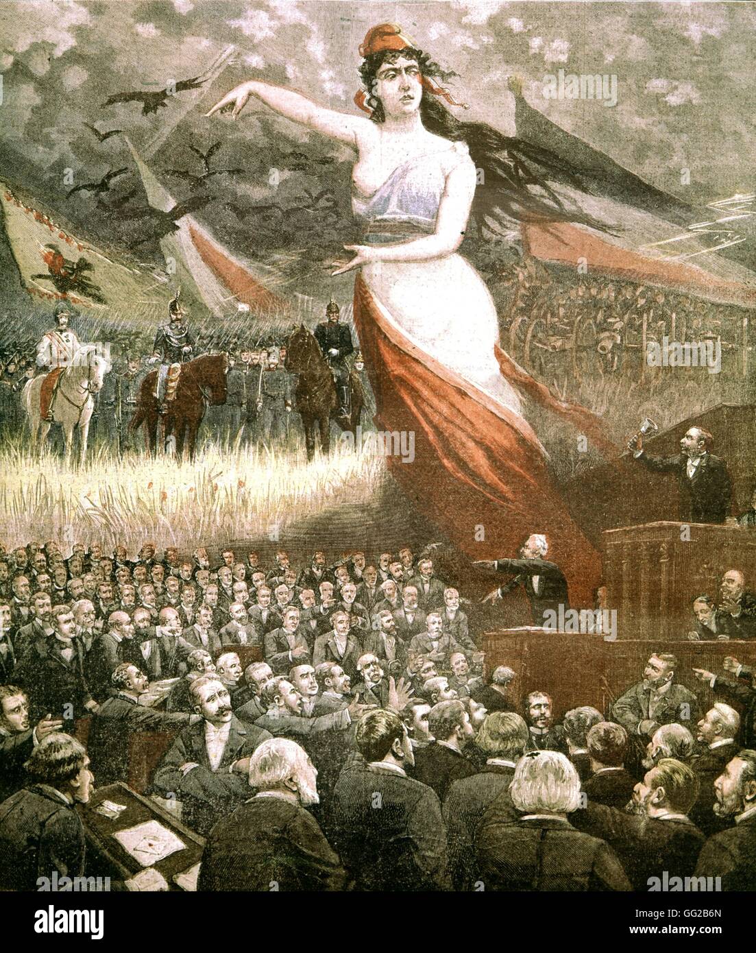Marianne pointing at France's ennemies, meanwhile parliamentarian sessions are agitated France, 1893 Stock Photo