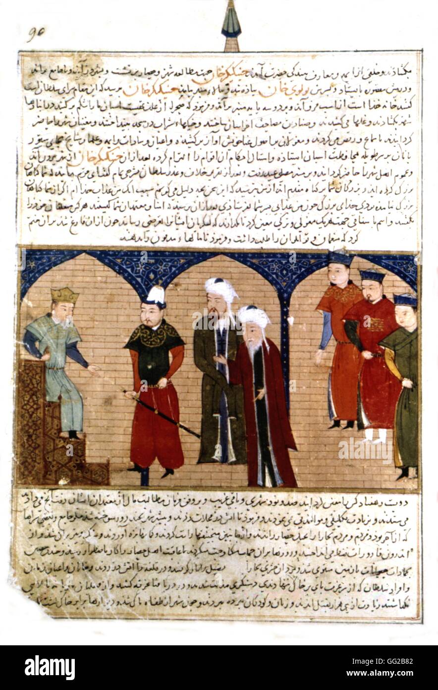 Persian manuscript illustrated with 106 paintings: 'Jami'al Tawarikh' by Rachid ad-Dîn (History of the Mongols). Genghis Khan, on the throne, surrounded by Mongols. Persian school 14th century Stock Photo