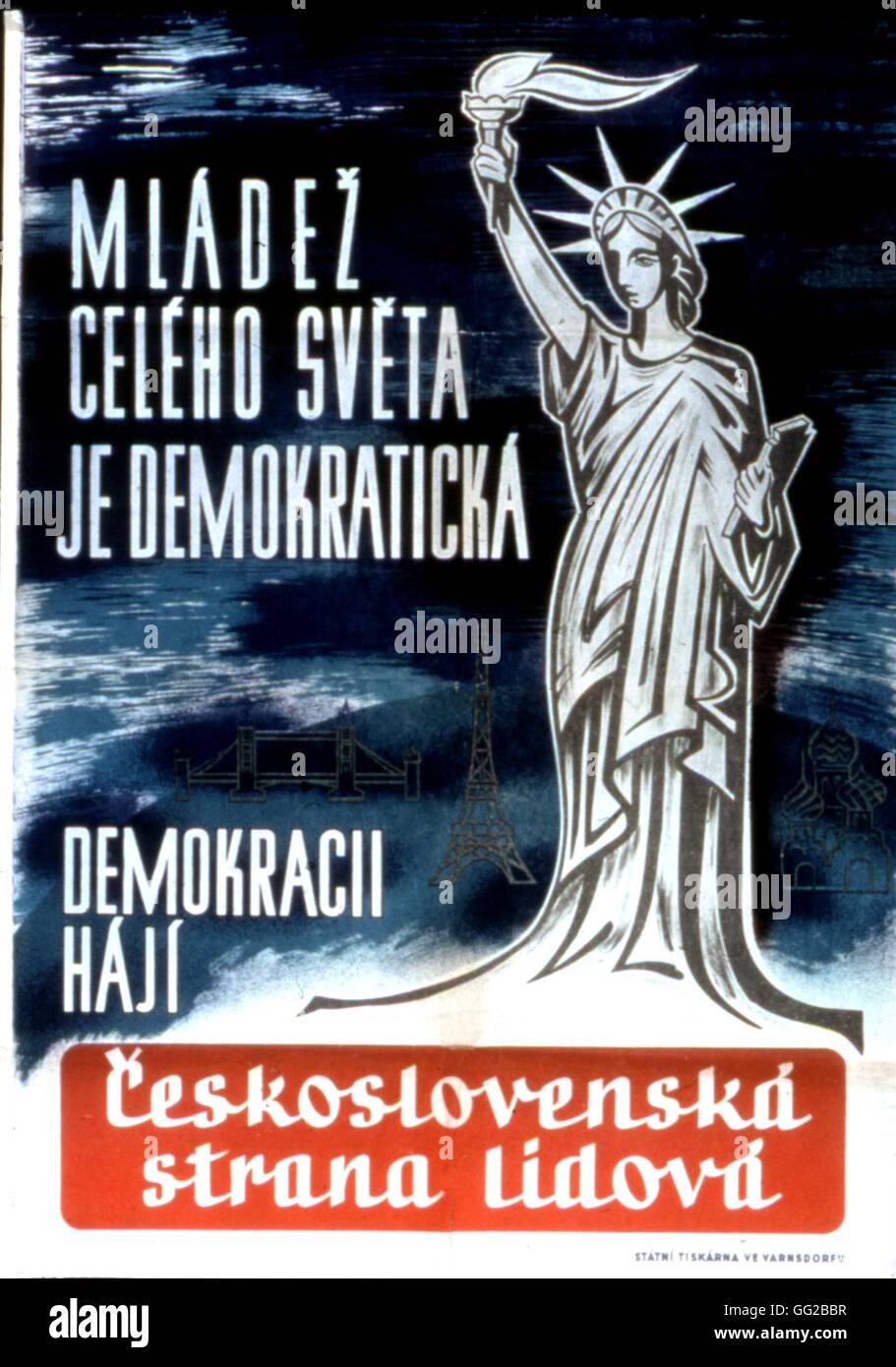 Election campaign poster: The Czech people defending democracy 1946 Czechoslovakia Washington. Library of Congress Stock Photo