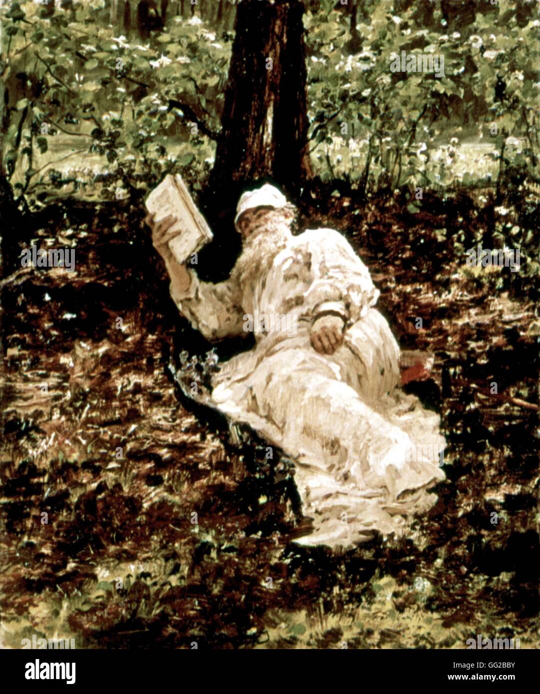 Ilya Repin Russian school Tolstoy resting in the forest 1891 Oil on canvas Moscow, Tretyakov Gallery Stock Photo