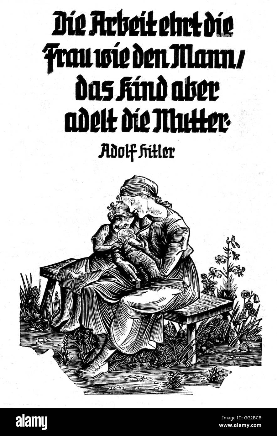 Almanach issued by Hitler's organization 'Winter Charity Organization': 'labour does credit to woman as well as to man, but a child ennobles his mother' 1939 Germany Stock Photo