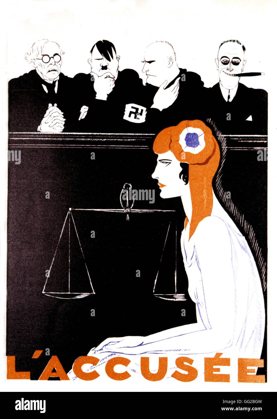 Drawing by Paul Iribe. 'The defendant'. Marianne judged by the great powers 1934 France Stock Photo