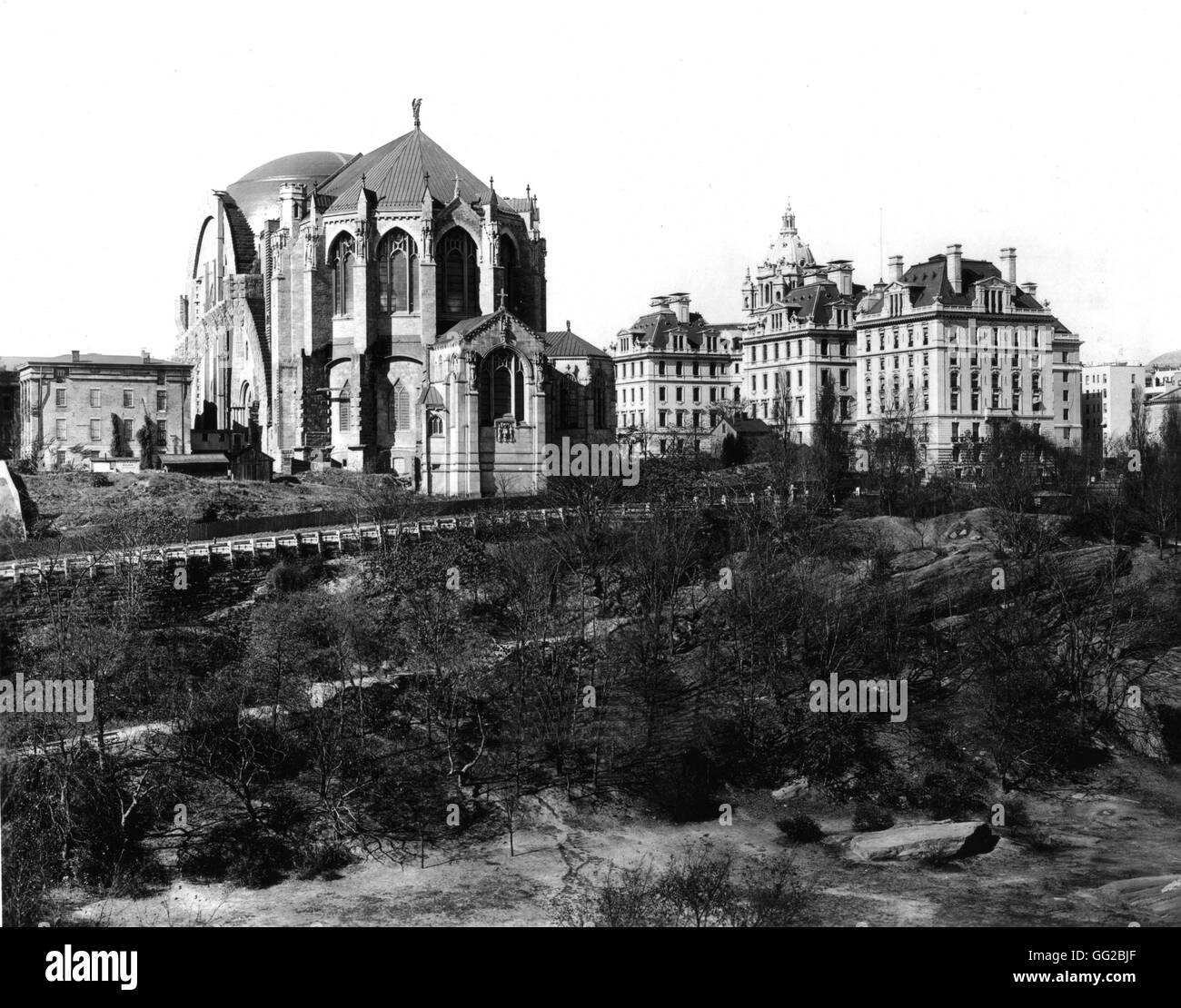 New York. Cathedral 'St. John the Divine' and hospital St. Lukes. Photograph by Irvin Underhill 1910 United States Washington. Library of Congress Stock Photo