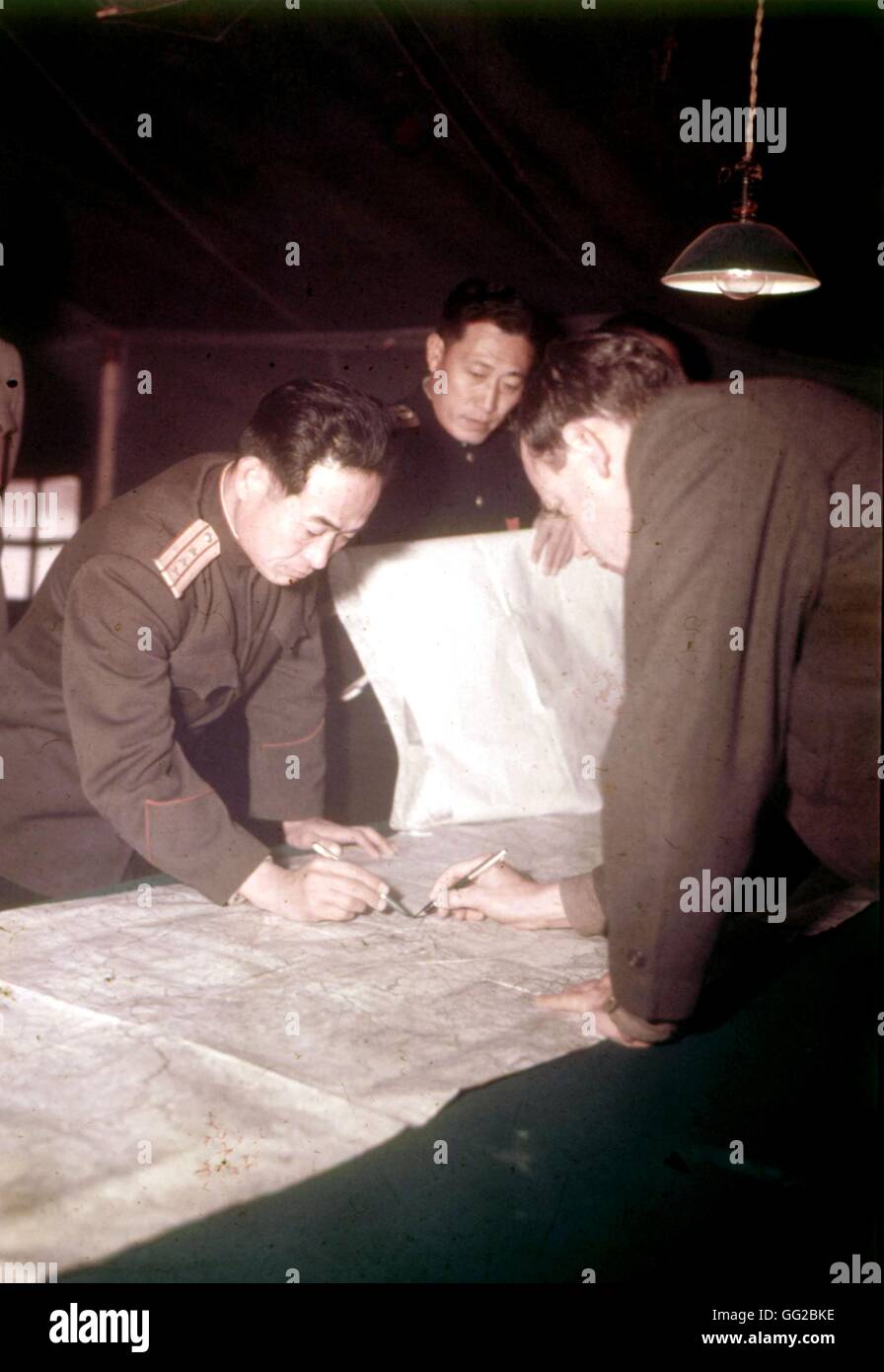 Panmunjom armistice setting the partition line between South and North Korea. On the picture, Colonel Chang Chun San, communist liaison officer and James C. Murray (United Nations) November 28, 1951 Korean War U.S. Signal Corps Photo Stock Photo