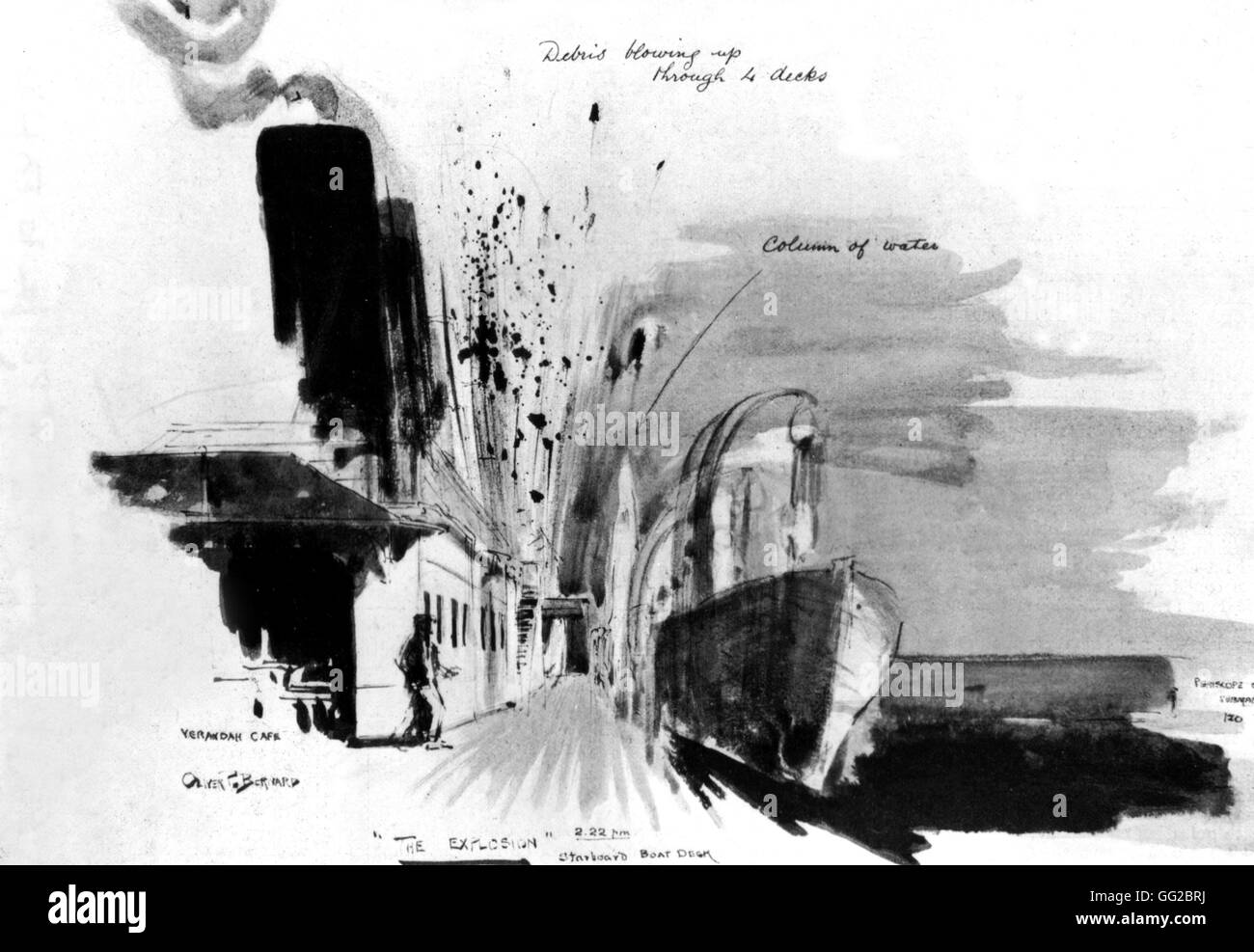 The Cunard liner, Lusitania, was sunk by a German submarine on May 7,1915. The torpedo was launched at 2.22 PM and hit the ship on the starboard side (Sketch of a surviving passenger, Oliver P. Bernard) 1915 United States - World War I Paris. Bibliothèque Stock Photo
