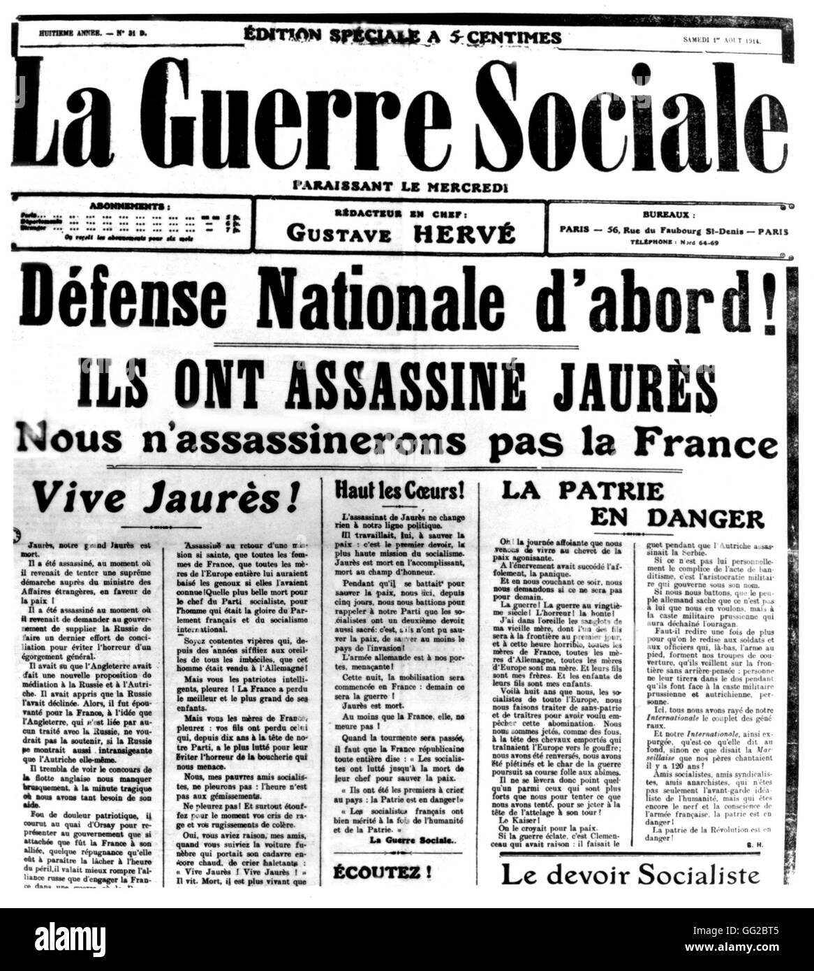 Front page of the newspaper 'La guerre sociale'. Assassination of Jean Jaurès August 1st, 1914 France Castres. Musée Jean Jaurès Stock Photo