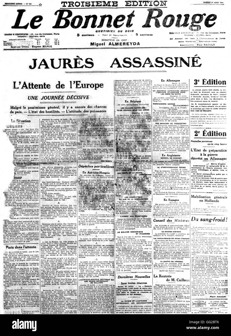 Front page of the newspaper 'Le bonnet rouge'. Assassination of Jean Jaurès August 1st, 1914 France Castres. Musée Jean Jaurès Stock Photo