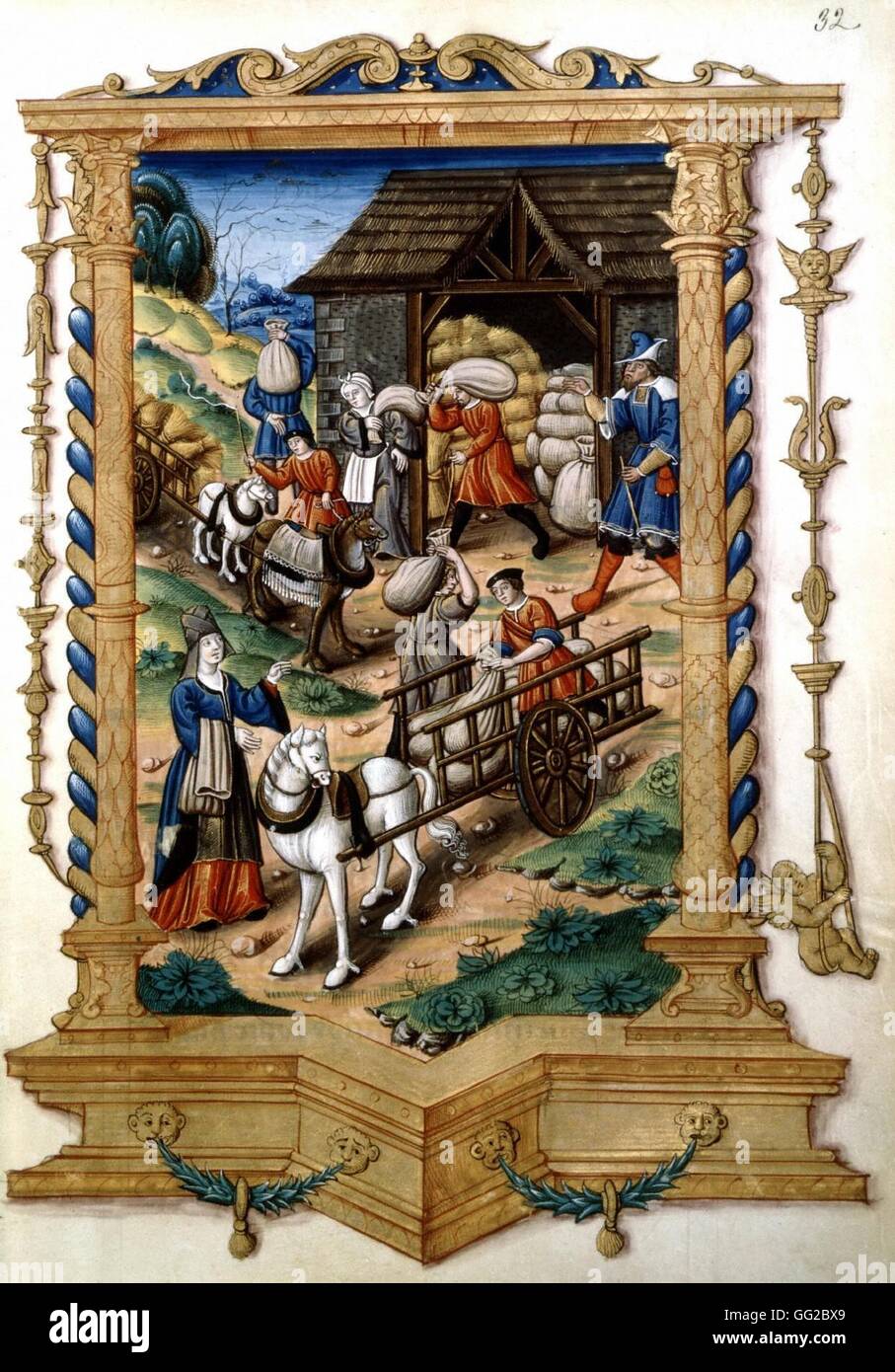Royal Chants on the Crowned Conception from Le Puy de Rouen (1519-28). Scene of peasant life: carts bringing sheafs of wheat to the barn. Others coming out, filled with sacks of grain. 16th C France Paris. Bibliothèque Nationale Stock Photo