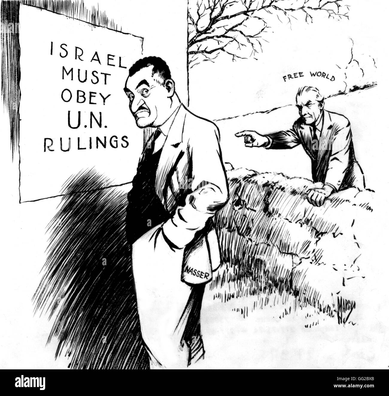 Caricature of Nasser in front of a sign stipulating that Israël must obey United Nations rulings 1956 Egypt - Suez affair Washington - Library of Congress Stock Photo