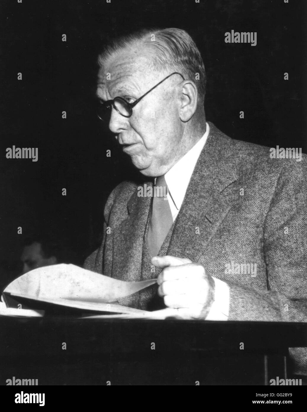Marshall Plan. Speech of the Secretary of State, C. Marshall, on the program for the reconstruction of Europe, in front of the American Foreign Affairs Commission. January 8, 1948 National Archives - Washington Stock Photo