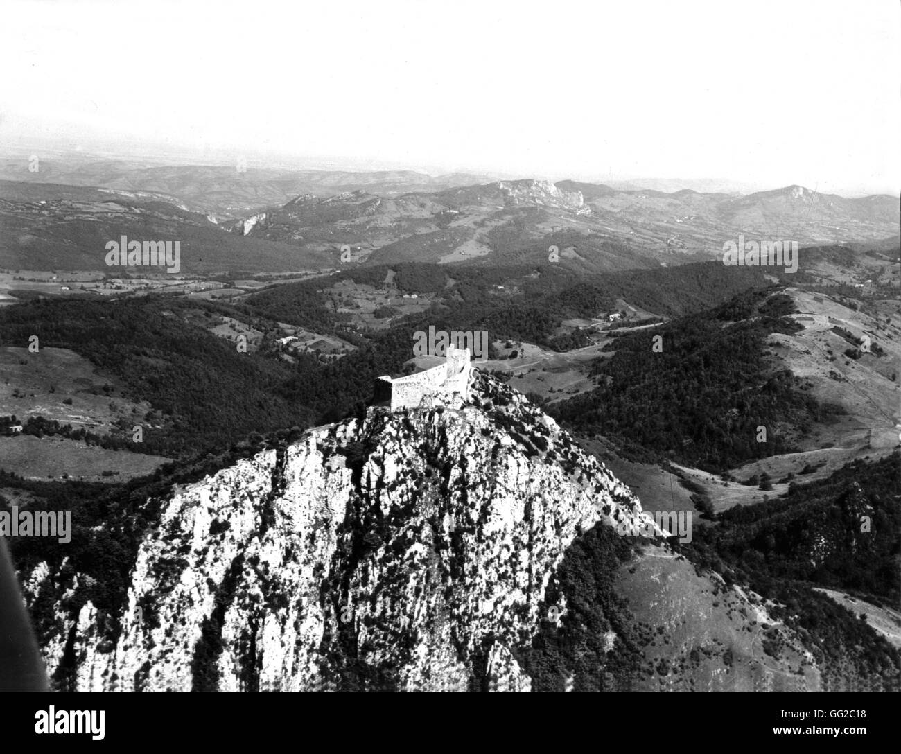 Castle of Montségur, one of the last fortresses of the Cathars, at the time of the Albigensian crusade. 12th century France Stock Photo