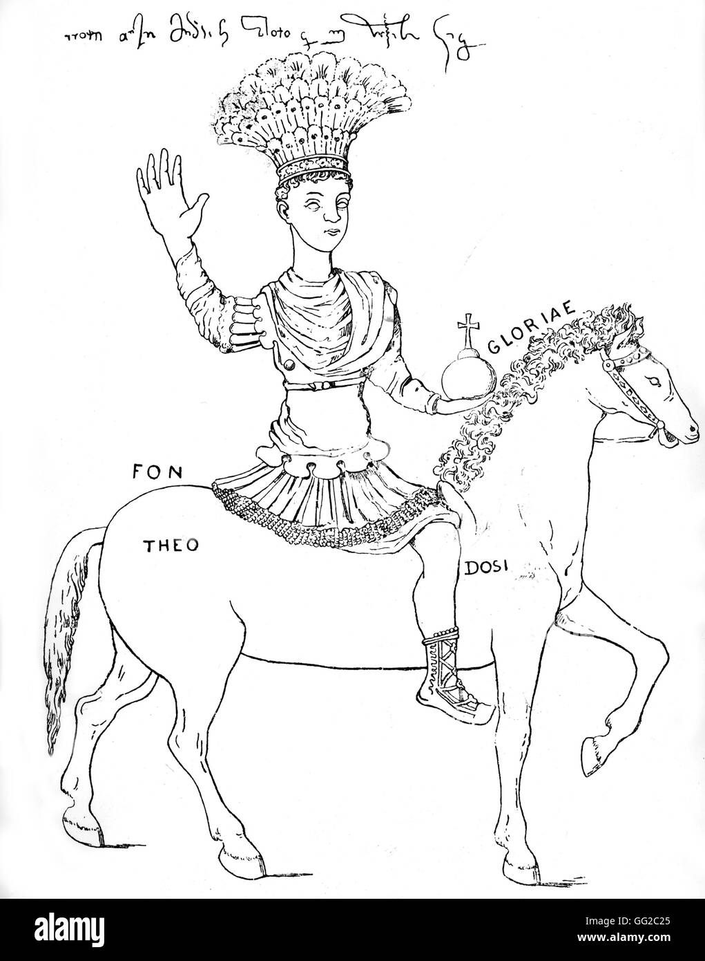 Emperor Justinian (527-565). 16thC drawing after a 6th-century equestrian statue, preserved in the Seraglio of Contantinople Byzantium Stock Photo