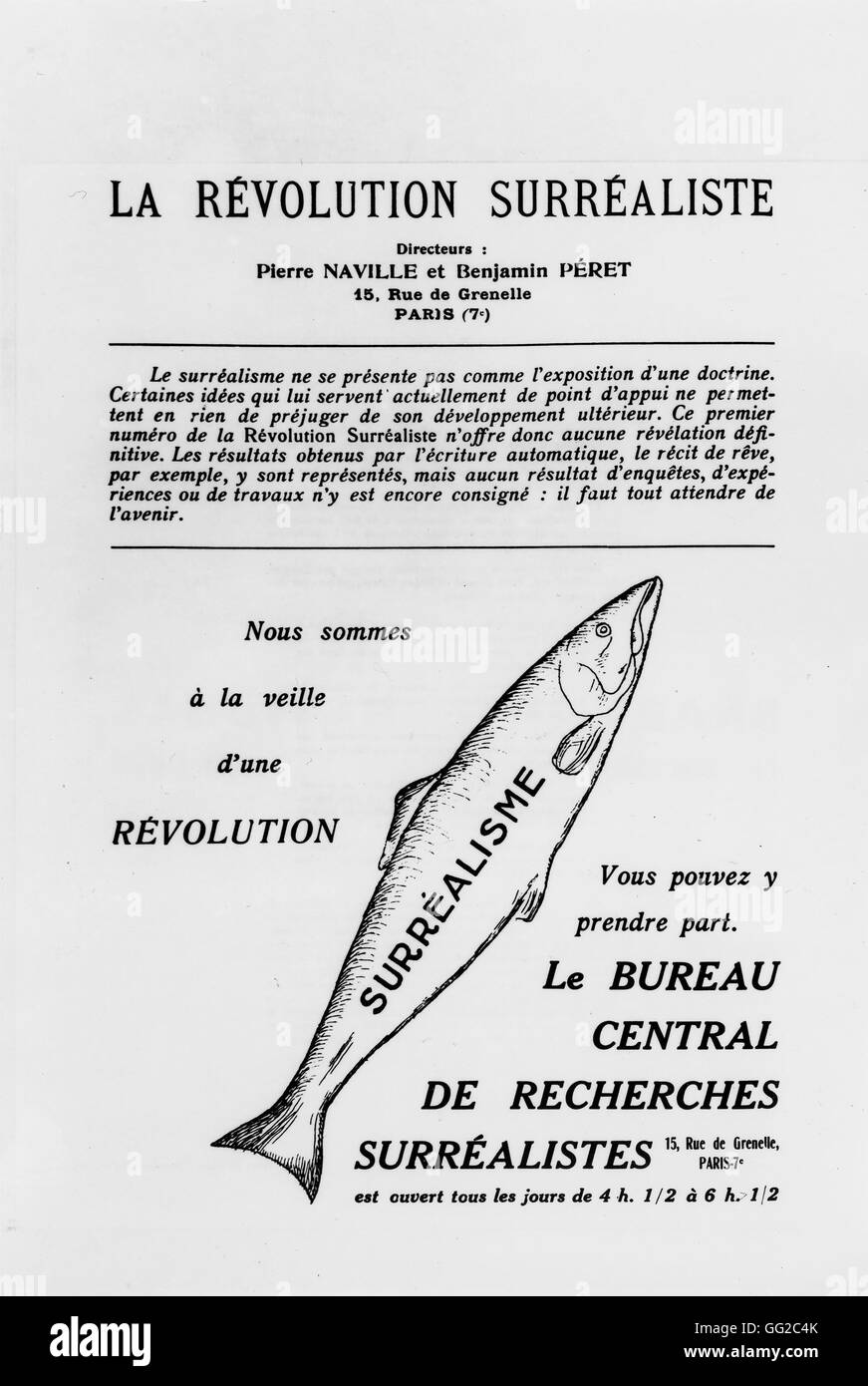 First issue of the magazine 'La révolution surréaliste' (the surrealist revolution) (back of the page) December 1st, 1924 France Paris, Bibliothèque Jean Doucet Stock Photo