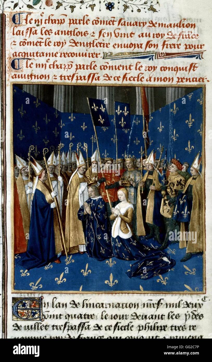 Miniature by Jean Fouquet. Chronicles of Saint-Denis. Coronation of Louis VIII and Blanche of Castille, at Rheims, in the presence of the king of Jerusalem (1224) 15th C France Paris. Bibliothèque Nationale Stock Photo