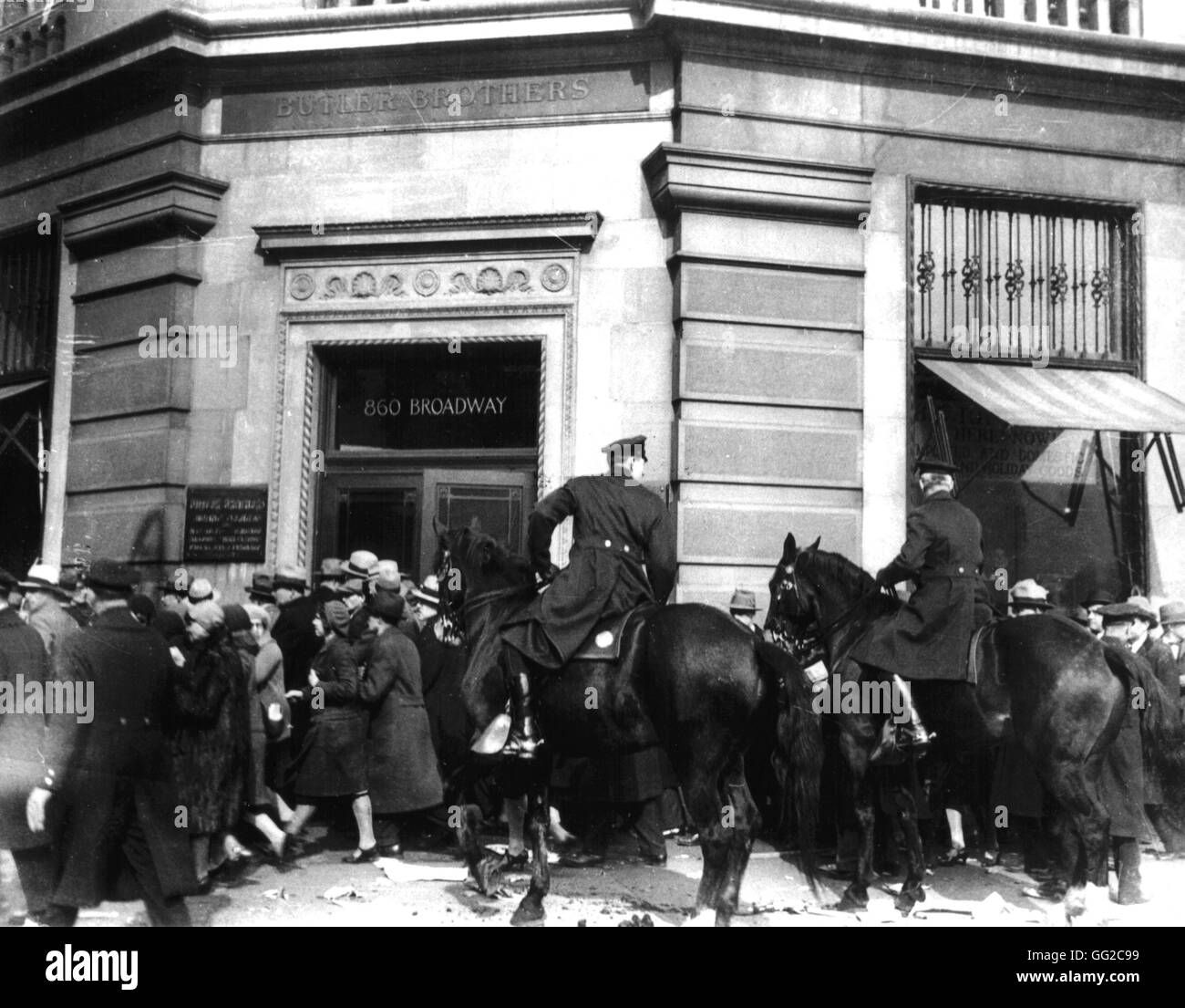 New York. The mounted police dispersing a demonstration of unemployed workers at Union square. March 6, 1930 United States Washington. Library of Congress Stock Photo