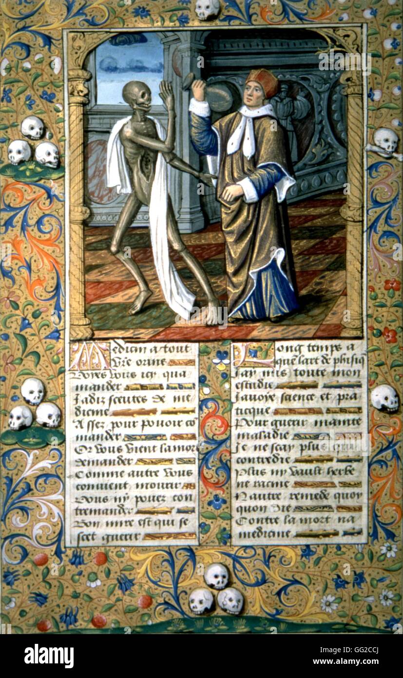 Dance of death. Death dragging a doctor holding a jar 15th century Miniature Paris. Bibliothèque de la Sorbonne Stock Photo