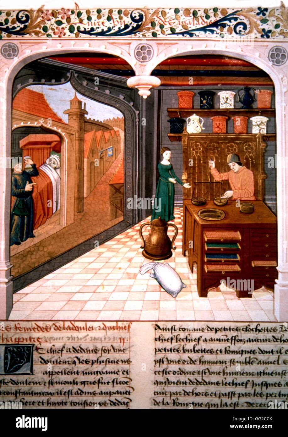 Barthelemy the English, 'The Book of property of things'. Examination of urines and apothicary, on the r. 15th century Miniature Paris. Bibliothèque de la Sorbonne Stock Photo