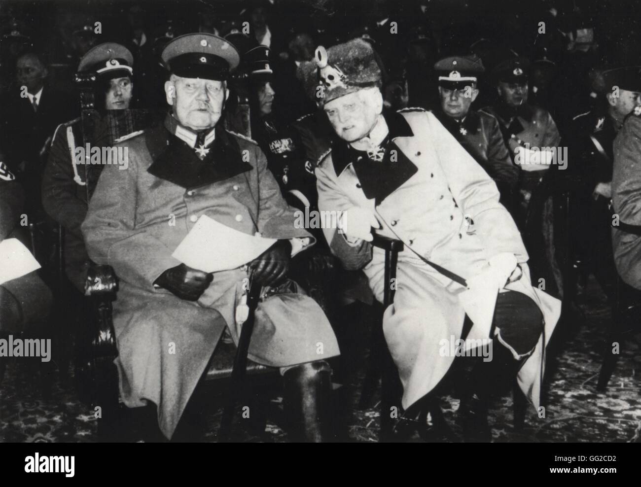 Marshal Hindenburg and field marshal von Mackensen at the anniversary celebration of the Empire foundation January 1934 Germany Paris. Bibliothèque nationale Stock Photo