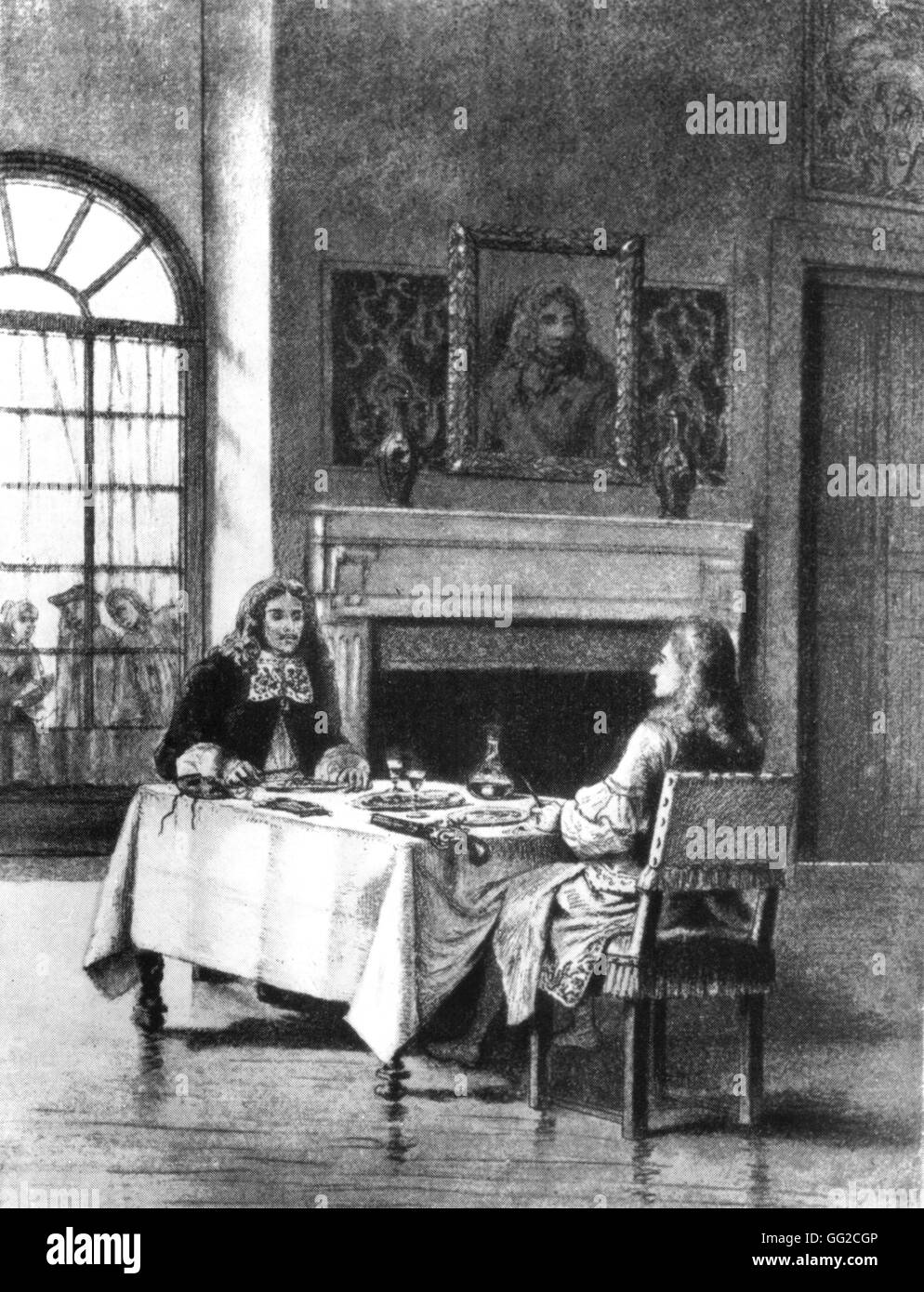 M. de Saint-Marc dining with the Man in the Iron Mask Engraving by R. de Los Rios, illustration (work by Alexandre Dumas) 19th century France Stock Photo