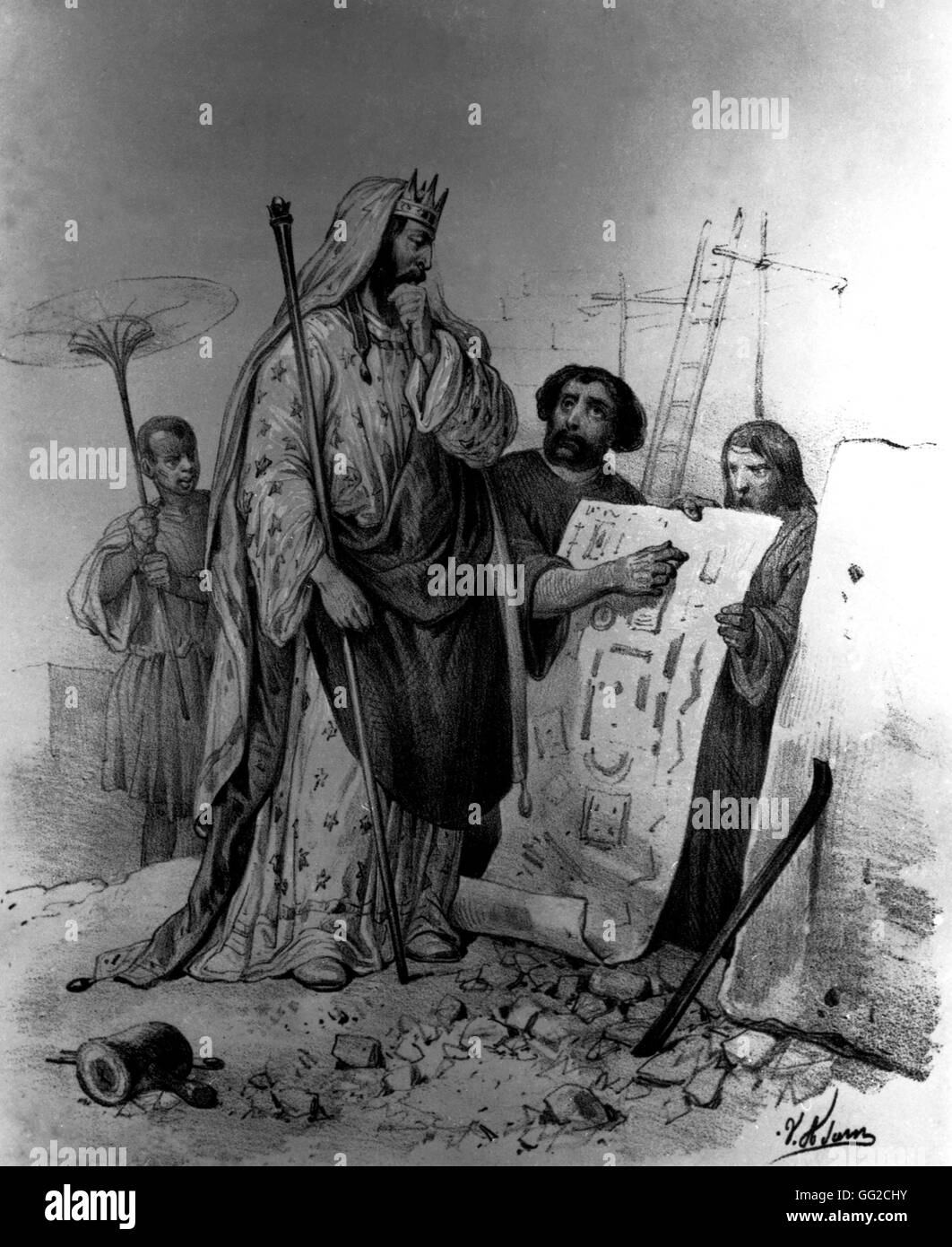 Herod looking at the map of the temple, 73 BC 19th century V. Adam Stock Photo
