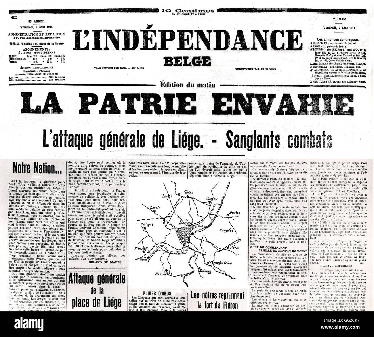 Newspaper 'L'Indépendance belge' August 9, 1914 Belgium, World War I Stock Photo