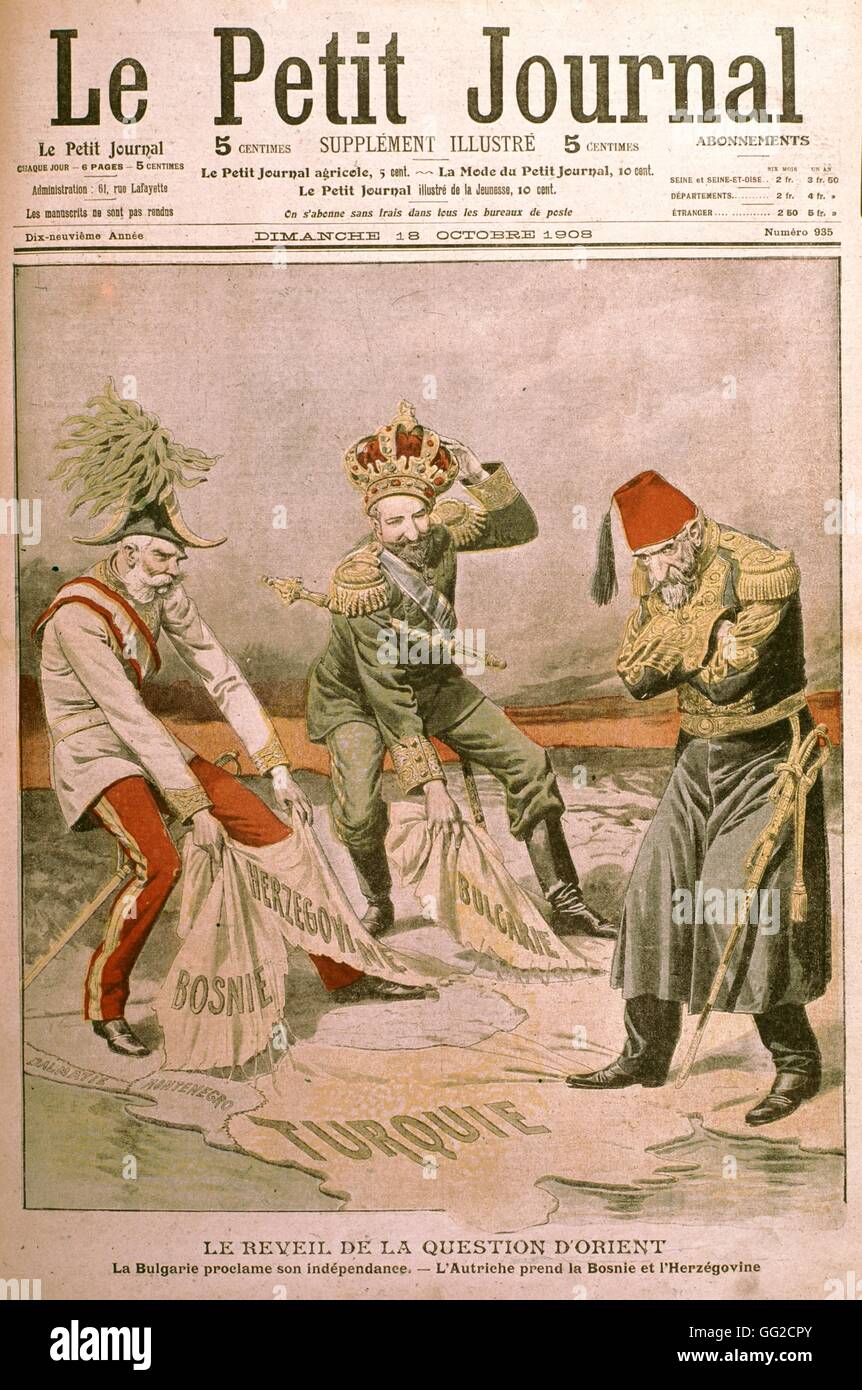 Caricature, 'Awakening of the Eastern Question' Bulgaria proclaiming its independence. Austria tearing off Bosnia and Herzegovina 1908 France Stock Photo