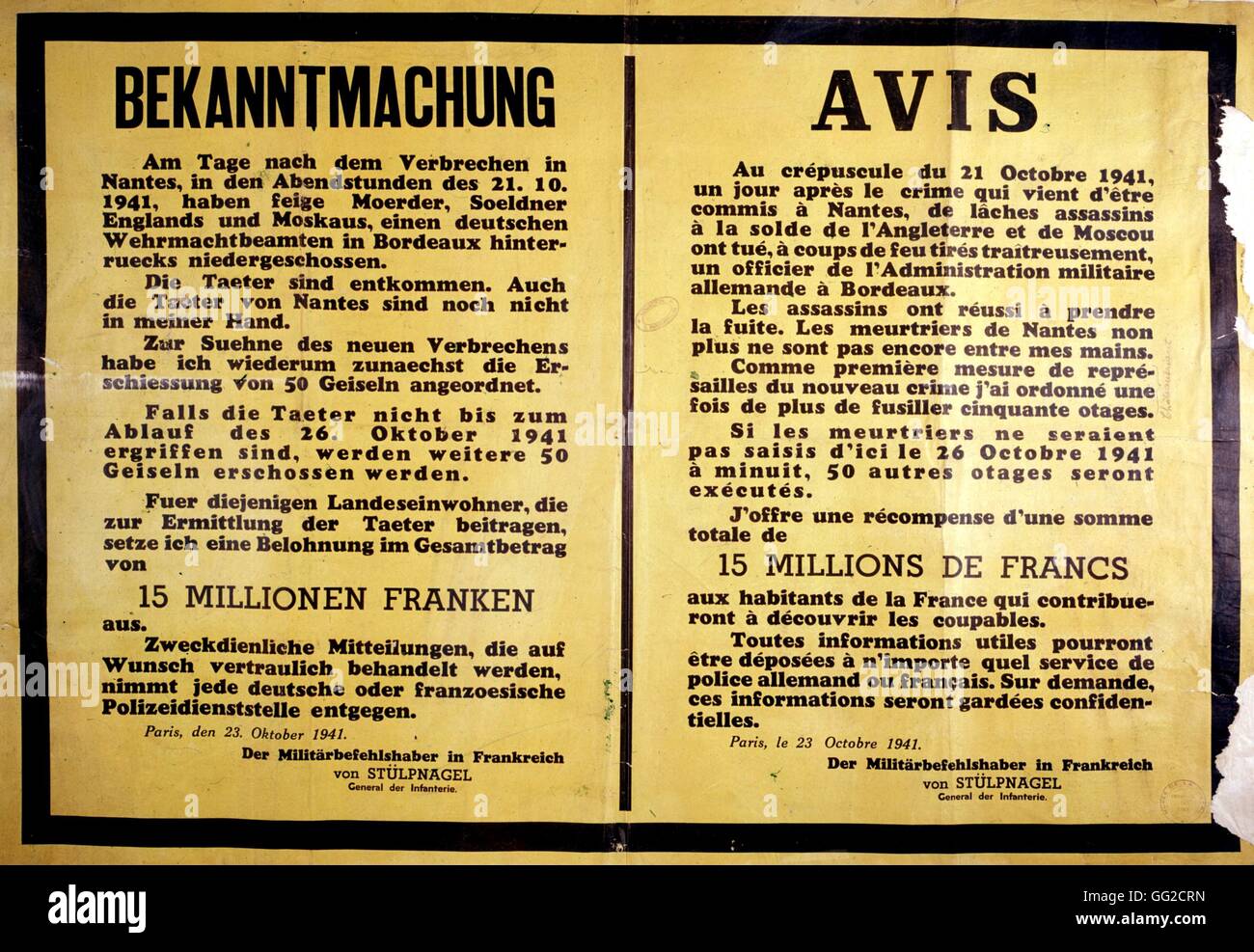 German poster announcing retaliation 1941 France - World War II Stock Photo