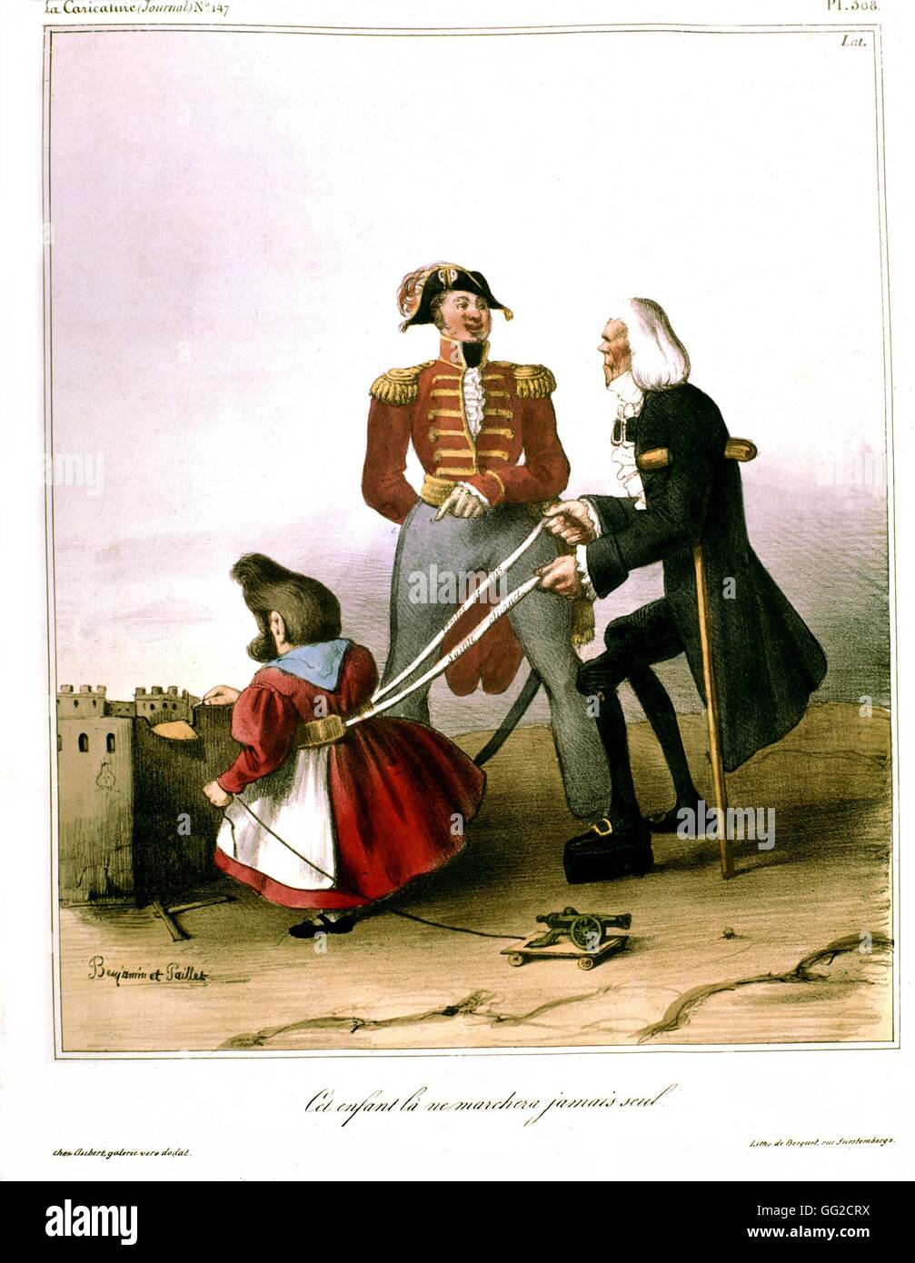 Lithograph by Roubaudi 'This child will never walk by himself'. Talleyrand holding Louis-Philippe I with the 1815 treaties 19th century France Stock Photo