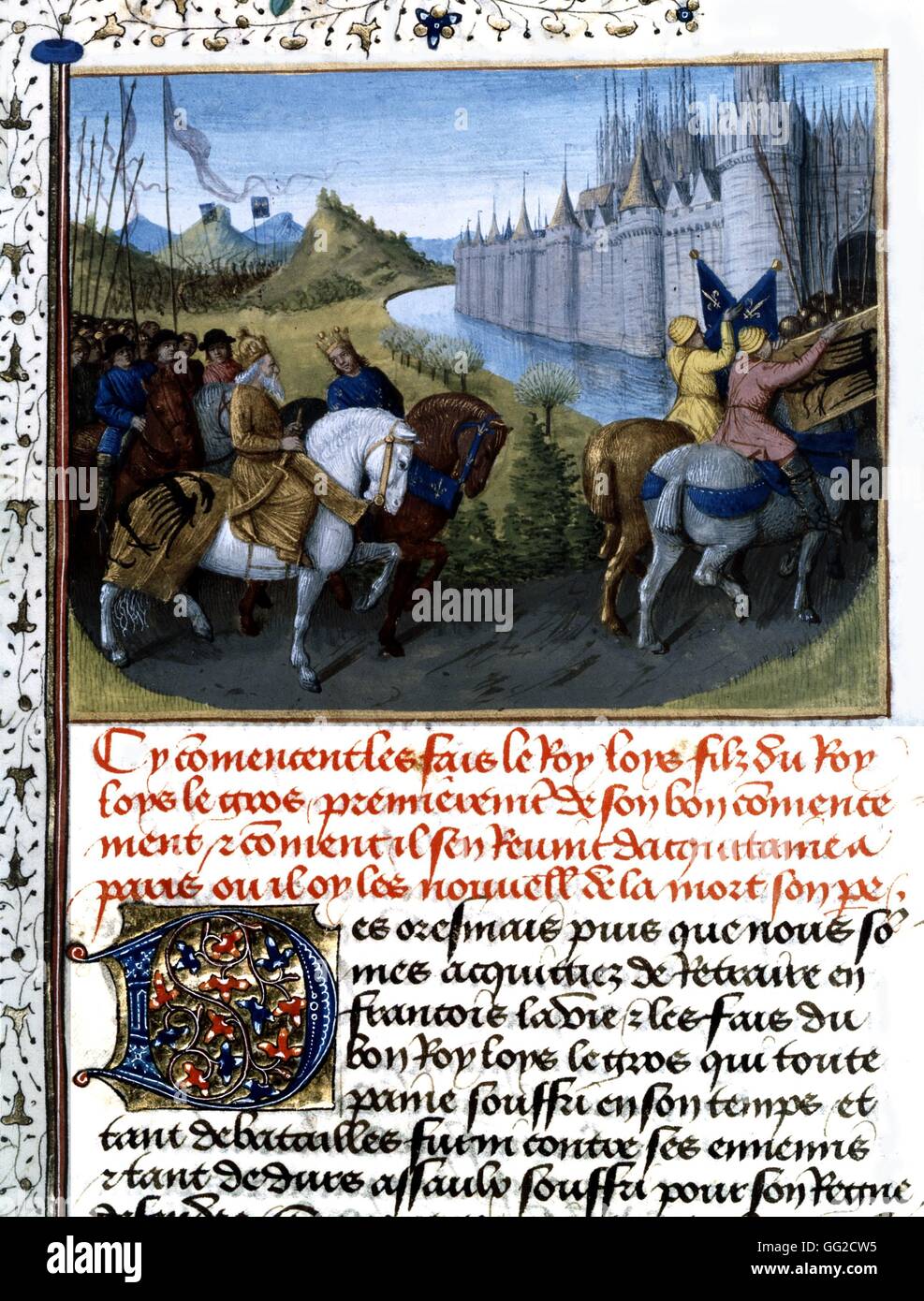 Chronicles of St. Denis. Miniature by Jean Fouquet. Louis VII (king of France from 1137 until 1180) entering Constantinople. He is accompanied by Conrad III during the crusade preached by St. Bernard, 2nd crusade  15th century France Stock Photo