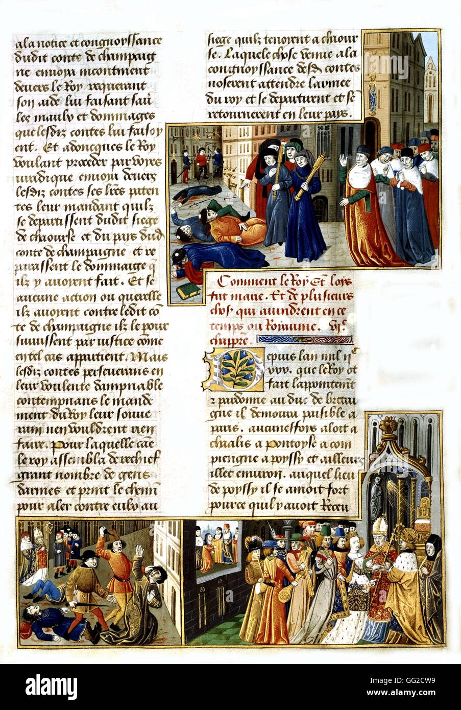 Manuscript 'Book of deeds of His Highness St. Louis'.  Above, riots in Paris between students and Burghers(1230). 15th century France Stock Photo