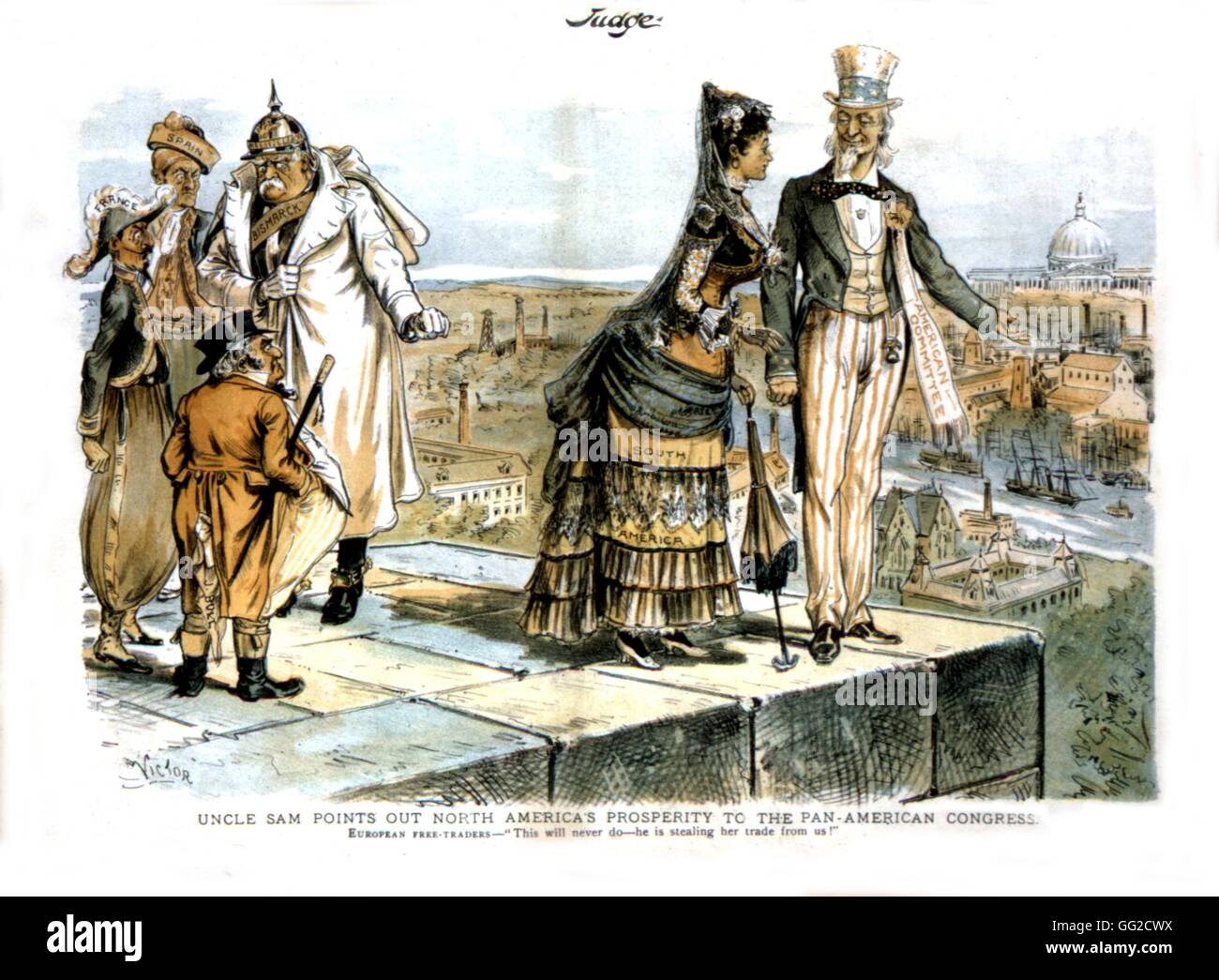 Caricature in "Judge". Uncle Sam showing North American prosperity at