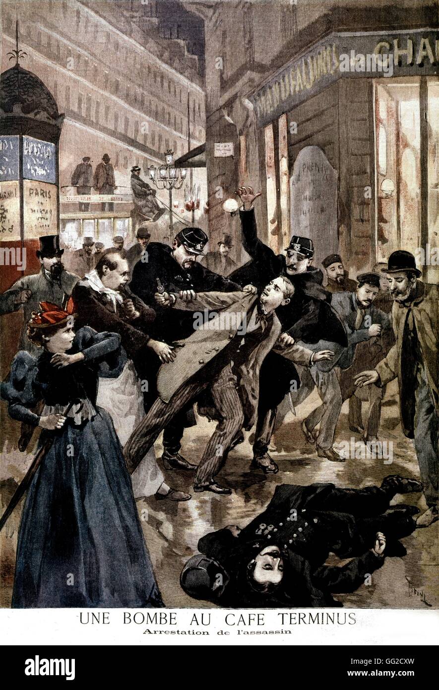 Anarchist bomb attack in Paris. A bomb at the Café 'Terminus'. Arrest the anarchist. 1894 France Stock Photo