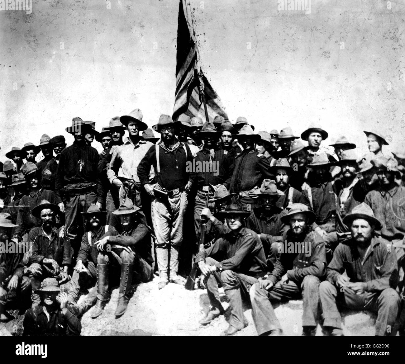 Theodore Roosevelt (1858-1919) and his rangers on San Juan Hill 1898 Cuba Washington. Library of Congress Stock Photo