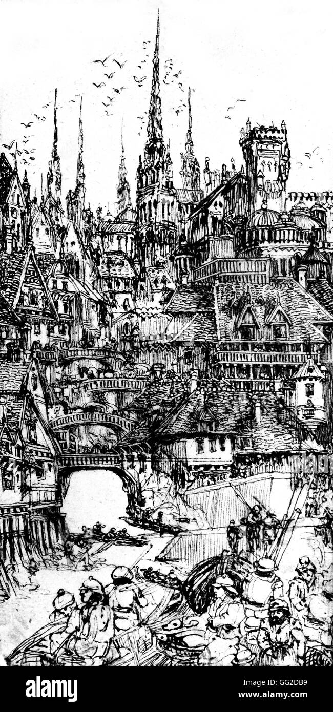 Fantasy Architecture 19th century Illustration by Rodolphe Bresdin Paris. National Library Stock Photo