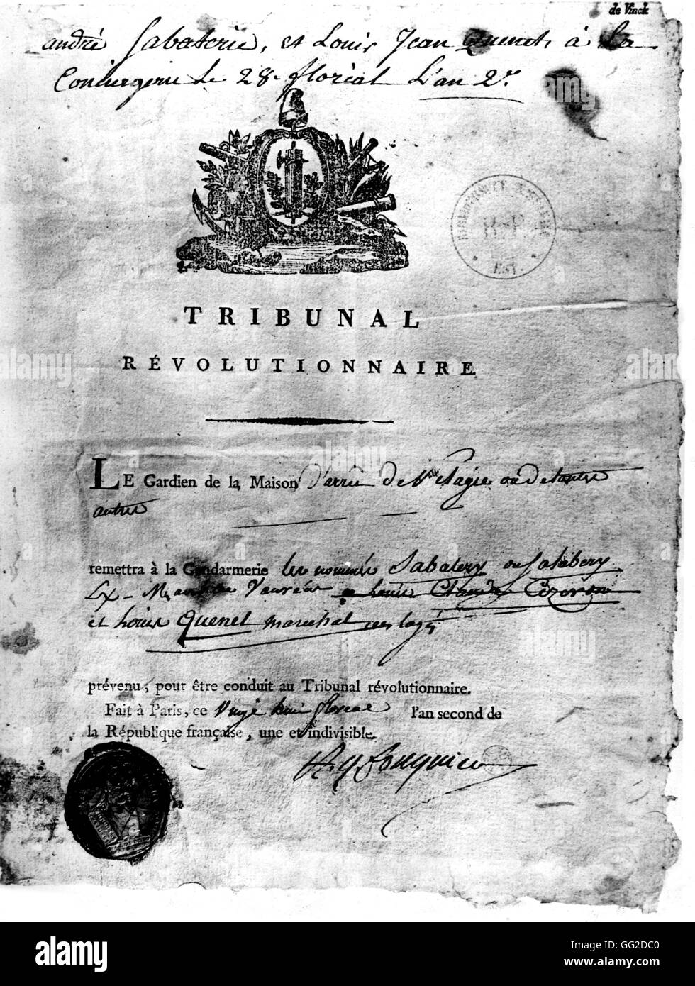 Mandate to come before the Revolutionary Court signed by Fouquier-Tinville (1746-1795) April 1793 France - Revolution of 1789 Paris. National Library Stock Photo